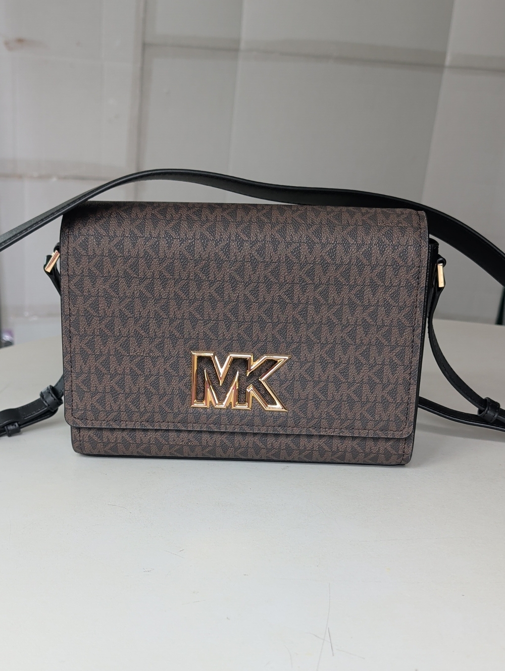 Michael Kors Mimi Brown Logo Print Flap Crossbody Messenger Bag Gold Hardware